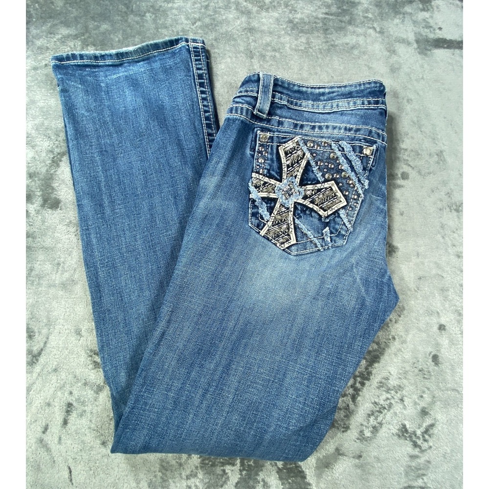 Miss Me Easy Boot Cut Jeans Women 32 Faded Whiskering Embroidered Pocket JP72068